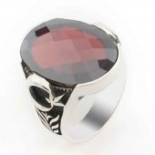 Kırmızı Taşlı Ay Yıldızlı Gümüş Erkek Yüzük thumbnail 1