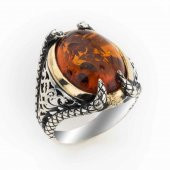 925 Ayar Gümüş Kehribar Taşlı Pençeli Yüzük thumbnail 1