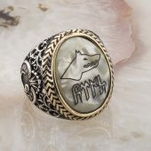 925 Ayar Gümüş  Sedef Taşlı Göktürkçe Türk Yazılı Erkek Yüzük thumbnail 2