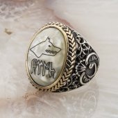 925 Ayar Gümüş  Sedef Taşlı Göktürkçe Türk Yazılı Erkek Yüzük thumbnail 3