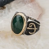 925 Ayar Gümüş Yeşil Zirkon Taşlı Elif Vav Detaylı Erkek Yüzük thumbnail 3