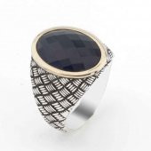 925 Ayar Gümüş Mavi Taşlı Desenli Erkek Yüzük thumbnail 1