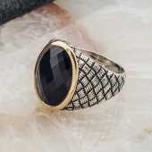 925 Ayar Gümüş Mavi Taşlı Desenli Erkek Yüzük thumbnail 3