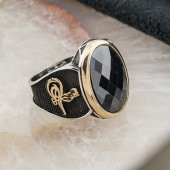 925 Ayar Gümüş Siyah Zirkon Taşlı Tuğra Detaylı Erkek Yüzük thumbnail 2