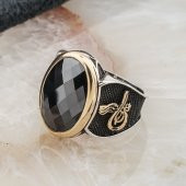 925 Ayar Gümüş Siyah Zirkon Taşlı Tuğra Detaylı Erkek Yüzük thumbnail 3