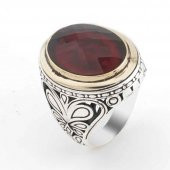 Kırmızı Oval Zirkon  Taşlı Gümüş Erkek Yüzük thumbnail 1