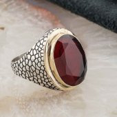 925 ayar Gümüş Oval Kırmızı  Zirkon Taşlı Desenli Erkek Yüzük thumbnail 2