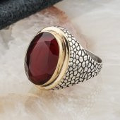 925 ayar Gümüş Oval Kırmızı  Zirkon Taşlı Desenli Erkek Yüzük thumbnail 3