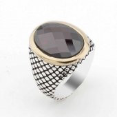 925 Ayar Gümüş Desenli Kırmızı Zirkon  Taşlı Gümüş Erkek Yüzük thumbnail 1