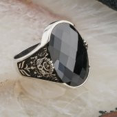 925 Ayar Gümüş Siyah Zirkon Taşlı Osmanlı Armalı Erkek Yüzük thumbnail 2