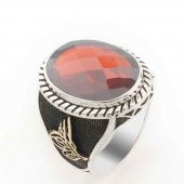 Osmanlı Tuğralı Kırmızı Zirkon Taşlı Gümüş Yüzük thumbnail 1