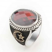 Kırmızı Zirkon Taşlı Ay Yıldız Detaylı  Gümüş Erkek Yüzük thumbnail 1