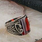 Vav Figürlü Kırmızı Taşlı Gümüş erkek Yüzük thumbnail 2