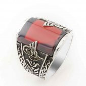 Kırmızı Zirkon Taşlı Osmanlı Tuğralı Erkek  Gümüş Yüzük thumbnail 1