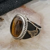 925 Ayar Gümüş Kaplan Gözü Taşlı Tuğralı Erkek Yüzük thumbnail 3