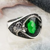 Yeşil Zirkon Taşlı Osmanlı Tuğralı Gümüş Yüzük thumbnail 2