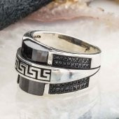 Oval Siyah Zirkon Taşlı Gümüş  Erkek Yüzük thumbnail 3