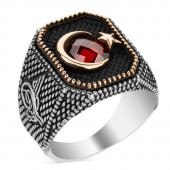 925 Ayar Gümüş Tuğra Detaylı Ay Yıldız Erkek Yüzük thumbnail 1