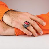 925 Ayar Gümüş Yakut (Ruby) Taşlı Erkek Yüzük - 2