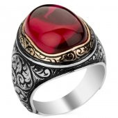 925 Ayar Gümüş Yakut (Ruby) Taşlı  Erkek Yüzük - 3