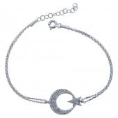 925 Ayar Gümüş Zirkon Taşlı Ay Yıldız Bayan  Bileklik thumbnail 3