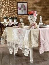 Güzide Dantelli Masa Örtüsü Seti Rana Pudra - 2