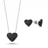 Angemiel 925 Gümüş Siyah Zirkon Taşlı Kalp Set - 1