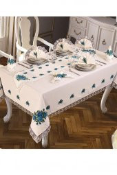 Kanaviçe Baskılı Güpürlü Dört Güllü Masa Örtüsü Takımı 18 Parça Mavi thumbnail 2