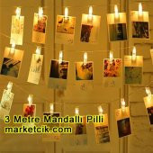 3 Metre Mandallı ve Pilli Led Fotoğraf Süsleme Işığı, Dekoratif Led Aydınlatma, 20 Sarı Işık - 1