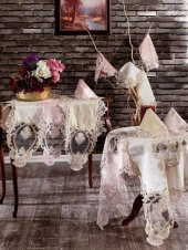 Güzide Dantelli Salon Takımı Rana Keten Pudra - 1