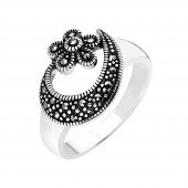 925 Ayar Gümüş Siyah Zirkon Taşlı Çiçek-Hilal Tasarım Bayan Yüzük - 3