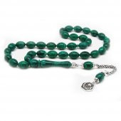 925 Ayar Gümüş Vatan Püsküllü Arpa Kesim Yeşil Sıkma Kehribar Tesbih - 1