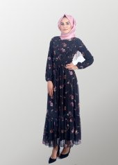 Tesettür Şifon Çiçekli Elbise - 1