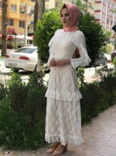 Yazlık Tesettür Abiye Elbise - Beyaz - 2
