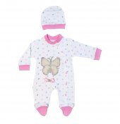 İNCİ TAŞLI PEMBE KELEBEKLİ YENİDOĞAN KIZ BEBEK PAMUKLU TULUM - 1