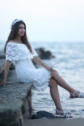 Farbalalı Güpür Beyaz Nikah Elbise - 1