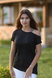 Omuz Şeritli Siyah T-Şört - 1