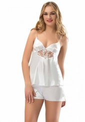 Beyaz Saten Altılı Gecelik Pijama Se - 2