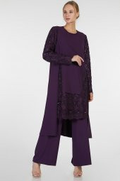 Mor - 2li Kolu Dantelli Pantolonlu Abiye Takım (1917406-500) - 1