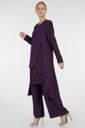 Mor - 2li Kolu Dantelli Pantolonlu Abiye Takım (1917406-500) - 2