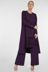 Mor - 2li Kolu Dantelli Pantolonlu Abiye Takım (1917406-500) - 3