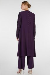 Mor - 2li Kolu Dantelli Pantolonlu Abiye Takım (1917406-500) - 5
