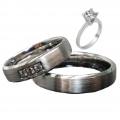 Taşlı Gümüş Çift Alyans Yüzük Tek Taş Hediyeli DN5058 - 1