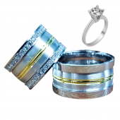 Taşlı Gümüş Çift Alyans Yüzük Tek Taş Hediyeli DN5095 - 1