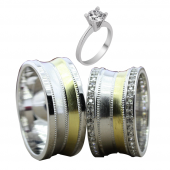 Taşlı Gümüş Çift Alyans Yüzük Tek Taş Hediyeli DN5127 - 1