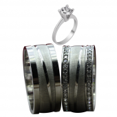 Taşlı Gümüş Çift Alyans Yüzük Tek Taş Hediyeli DN5135 - 1