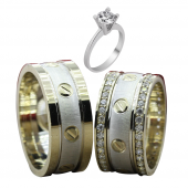 Taşlı Gümüş Çift Alyans Yüzük Tek Taş Hediyeli DN5169 - 1