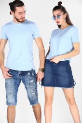 Sevgili Kombinleri Açık Mavi Kısa Kol Bicycle Yaka Basic Tshirt - 1