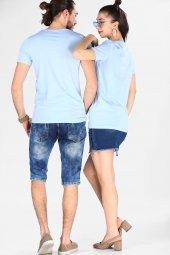 Sevgili Kombinleri Açık Mavi Kısa Kol Bicycle Yaka Basic Tshirt - 5