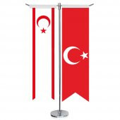 Kuzey Kıbrıs Türk Cum. KKTC Bayrağı ve Türkiye - Kırlangıç - Saten T direk 2li Masa Bayrağı - 1